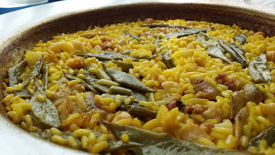 paella, rice, spanish food, valencia, spanish cuisine, valencian paella, food, food and drink, close-up, indoors
