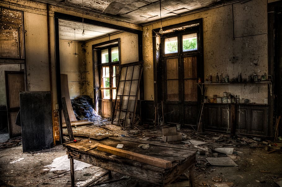 hdr photography, brown, wooden, table, deserted, house, abandonded, interior, hdr, building