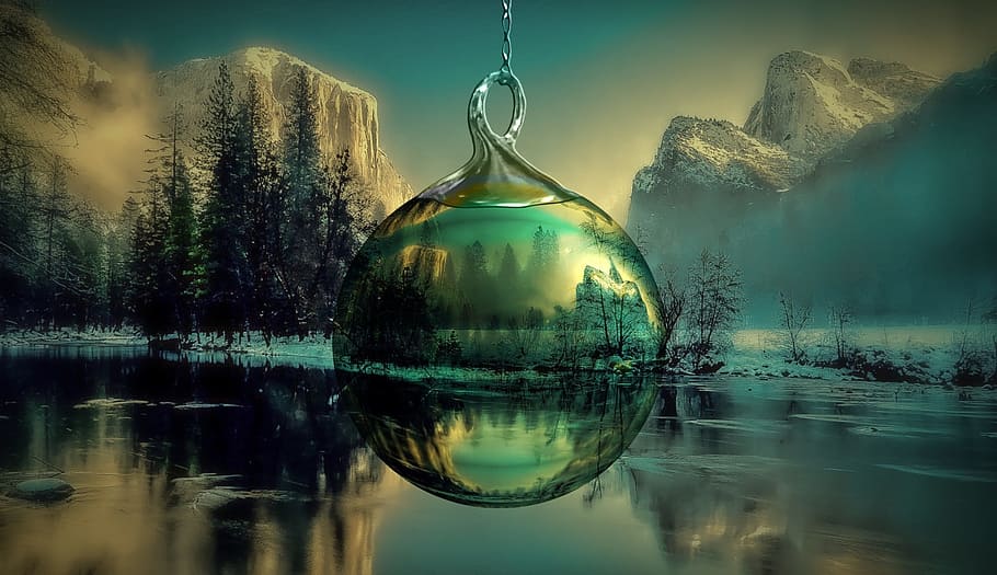 lago, invierno, visto, claro, bola de cristal, digital, papel pintado, navidad, adorno de navidad, parque yosemite