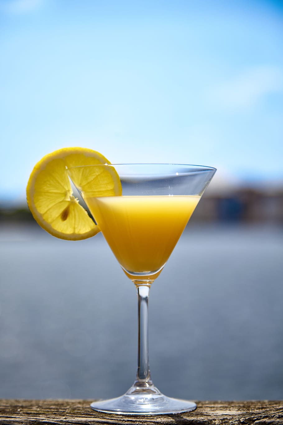 yellow, liquid, inside, martini glass, slice, Cocktail, Sums, Lemon, summer, zitrone