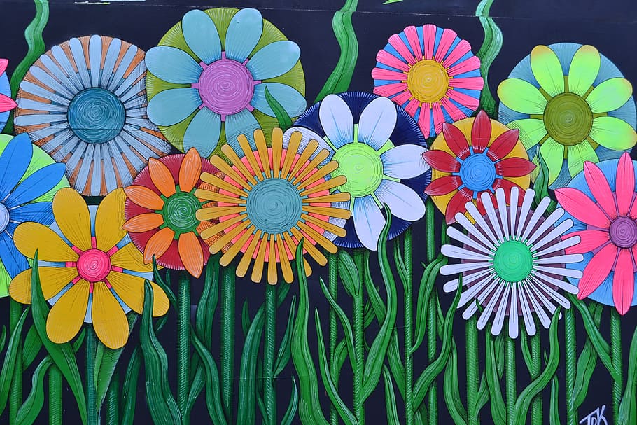 multicolored flowers, art, road, painting, london, street art, flowers, backgrounds, illustration, decoration