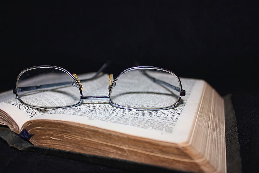 eyeglasses, silver frame, book page, book, books, glass, glasses, words, page, pages