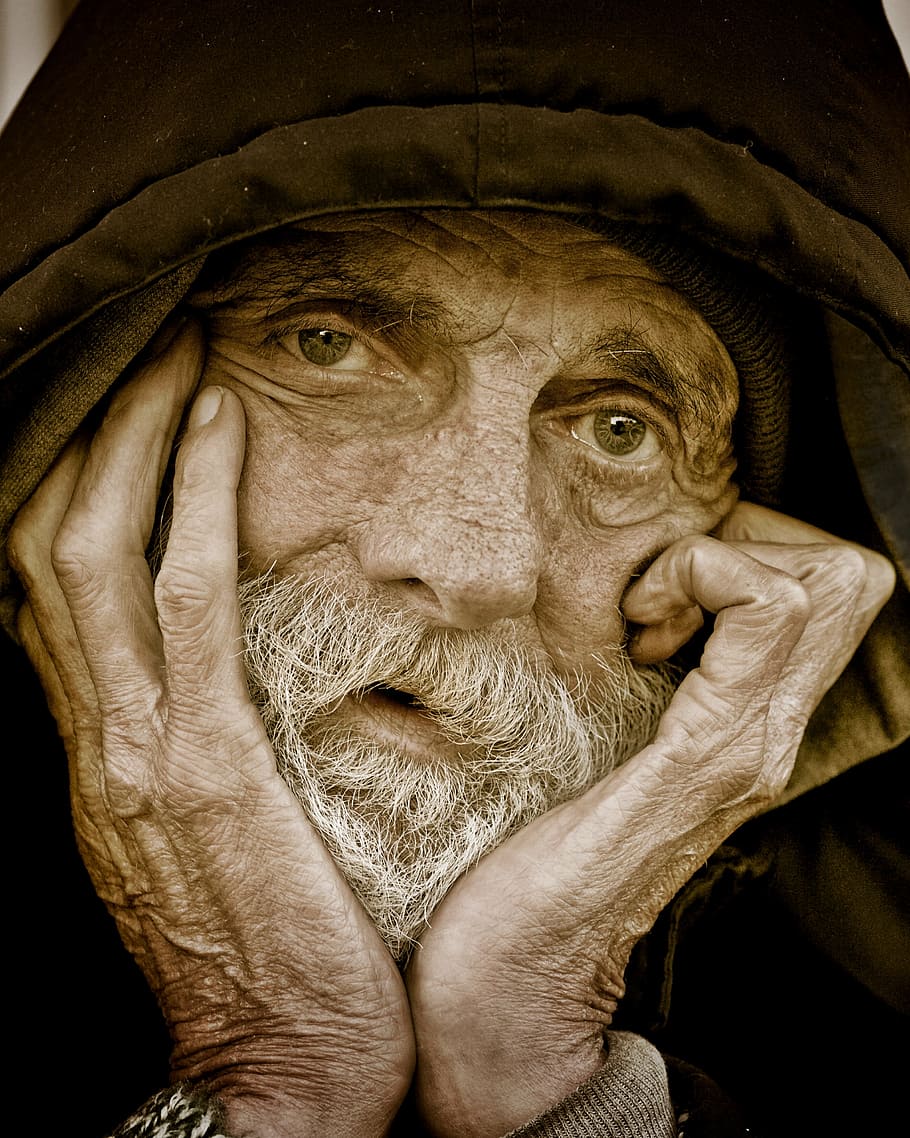 man, wearing, black, hoodie, hands, face, people, peoples, homeless, male