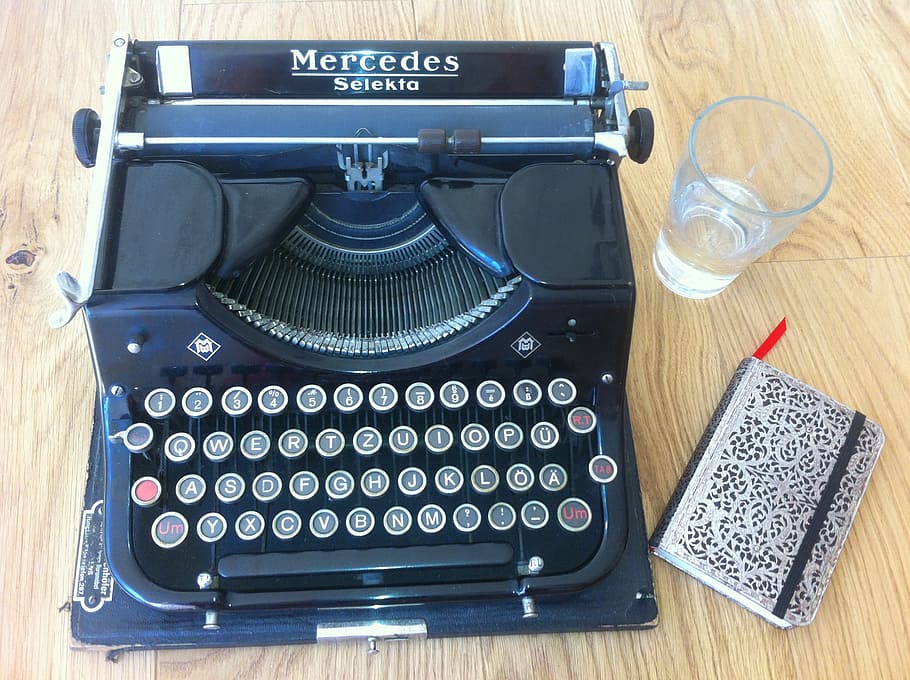blue, black, mercedes typewriter, brown, wooden, table, typewriter, desk, leave, office