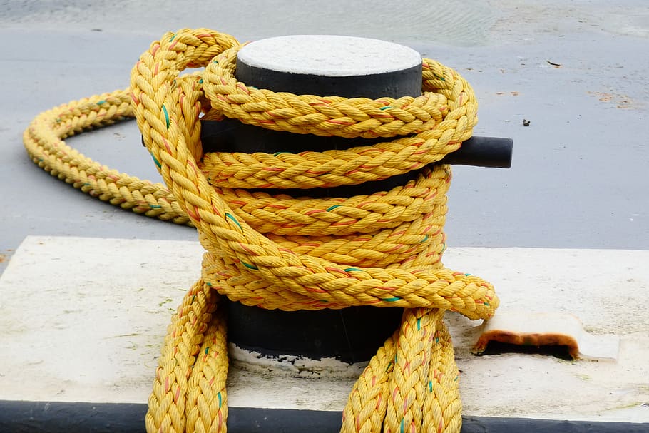 rope, yellow, maritime, nautical, water, coiled, marine, boat, sail, tied up
