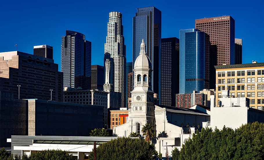 white, building, high-rise, daytime, los angeles, california, cityscape, skyline, downtown, architecture