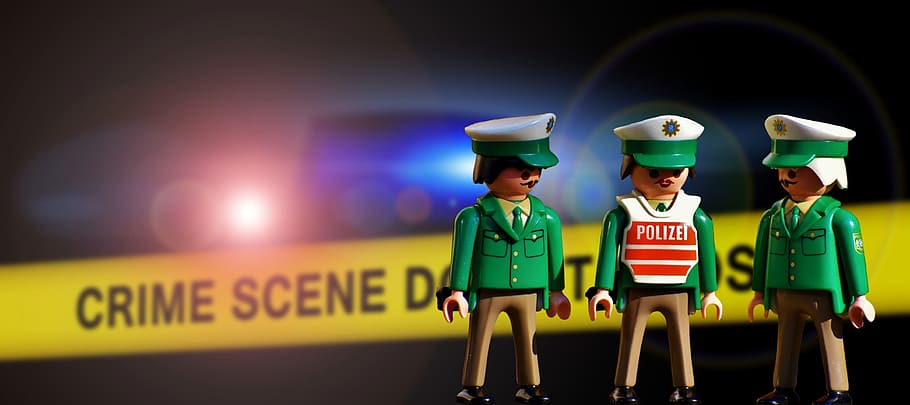 three, police toys, crime scene barricade tape, police officers, old, playmobil, green, figures, funny, police