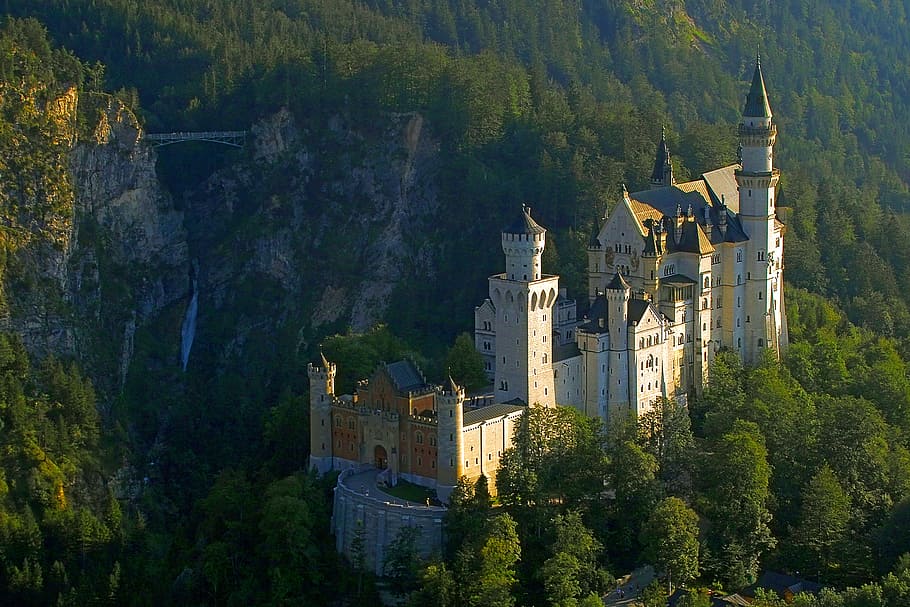aerial, photography, castle, surrounded, trees, neuschwanstein castle, king ludwig, architecture, built structure, tree