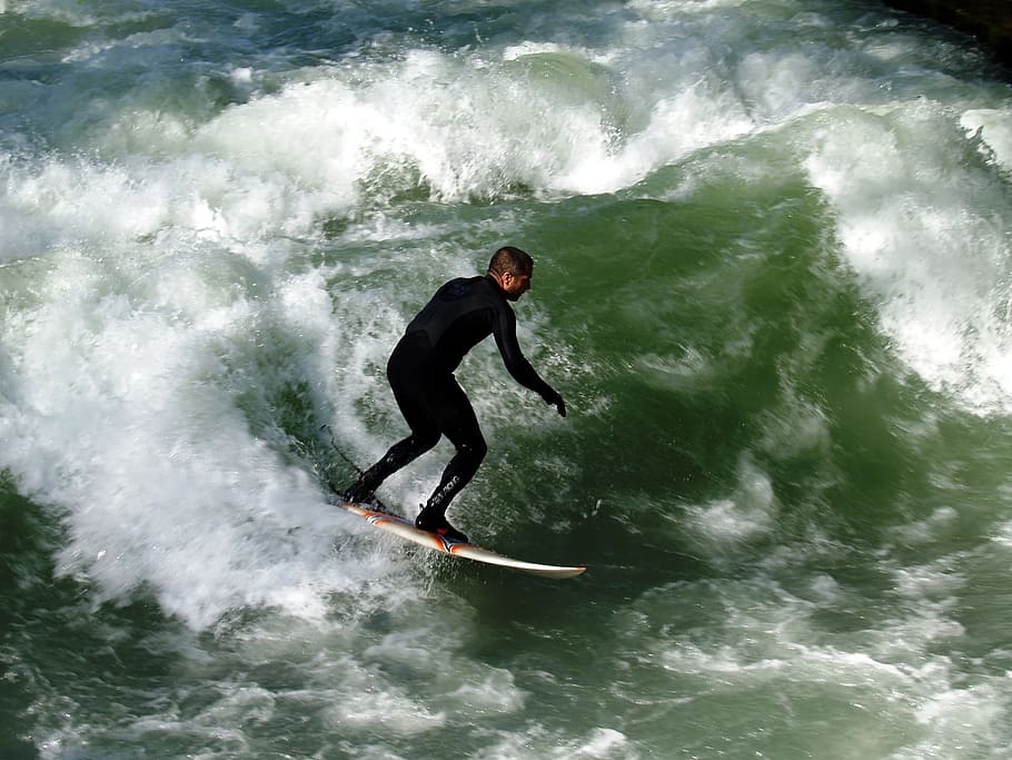 man surfboarding, sea, surfer, wave, water, munich, sport, surfing, surf, surfboard