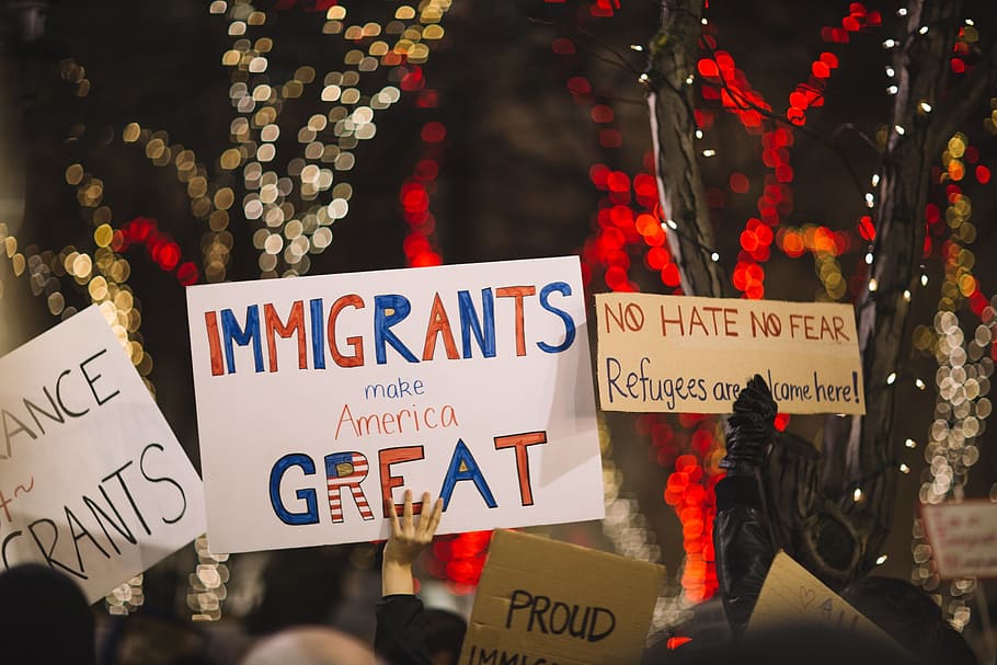 untitled, posters, people, rally, protest, immigrants, us, america, human ights, night