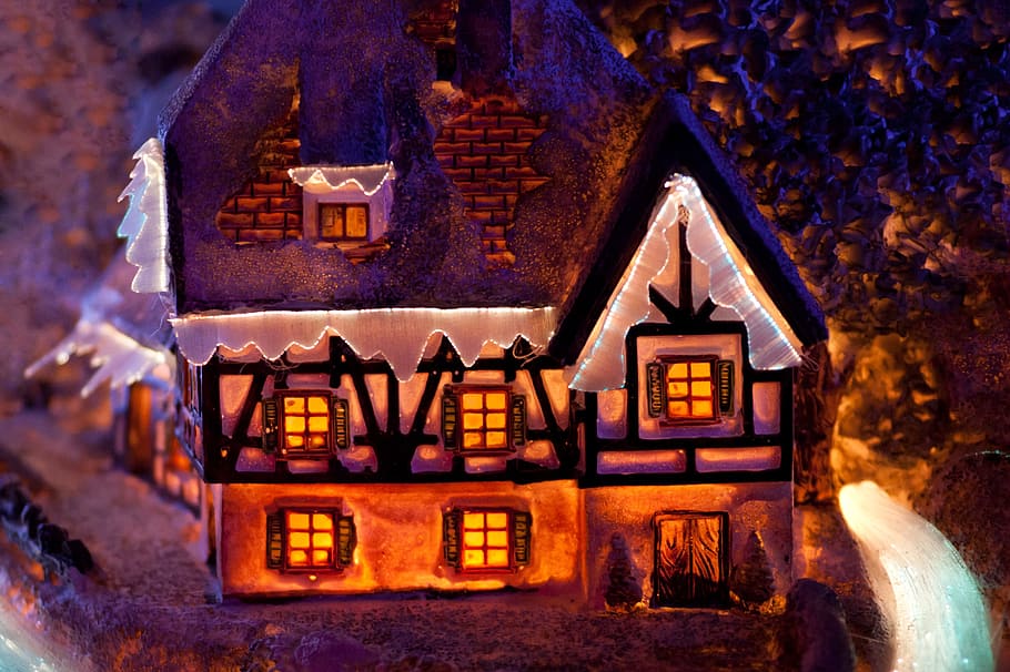 white, black, ceramic, house, miniature, decor, Christmas, Colorful, Dark, Decoration