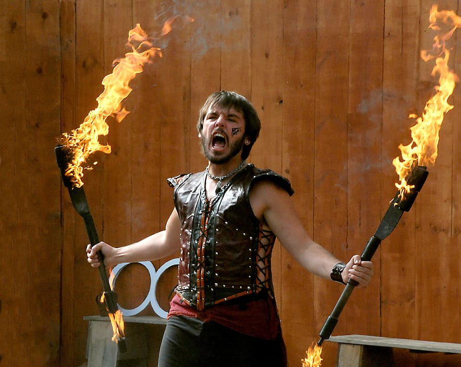man holding torch, Man, Fire, Juggle, Danger, Performer, handsome, flame, burn, performance