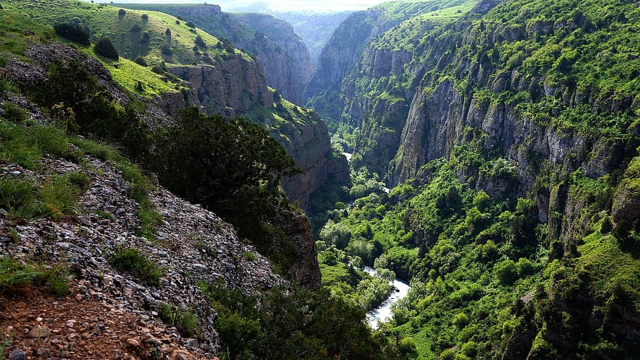 river between valleys, Mountains, Canyon, Stones, Nature, River, shymkent, green, aksu, landscape