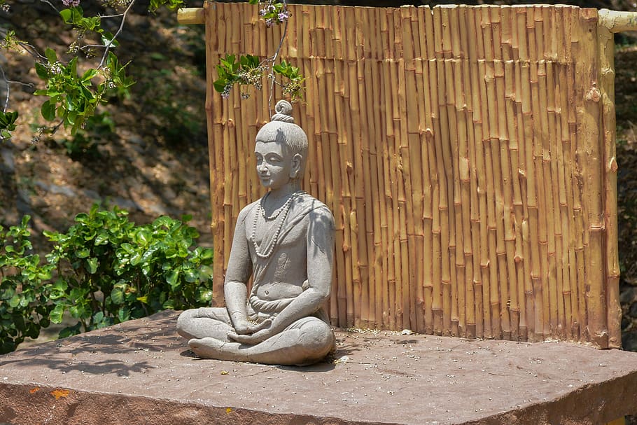 meditación, yoga, calma, sentado, tranquilo, tranquilidad, paz, bambú, naturaleza, escultura
