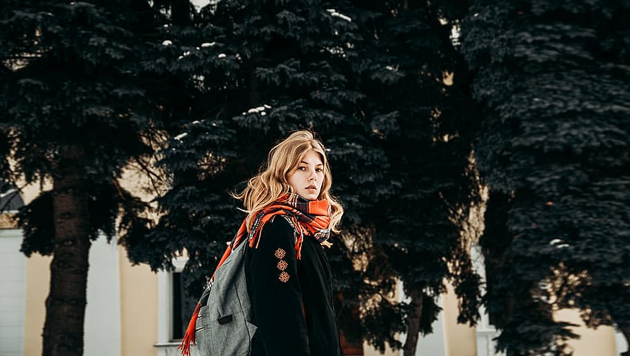 woman, black, jacket, standing, front, trees, people, beauty, fashion, cold