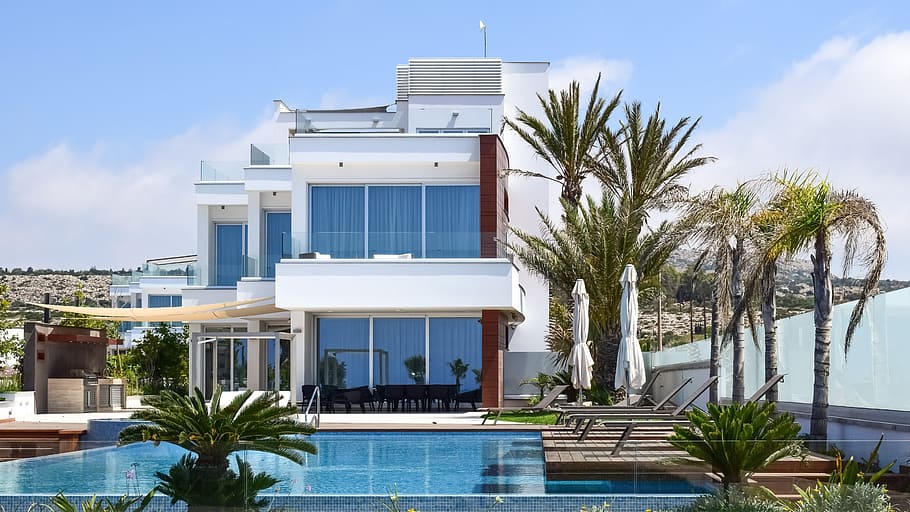 white, concrete, body, water, Villa, Architecture, House, Design, modern, residential