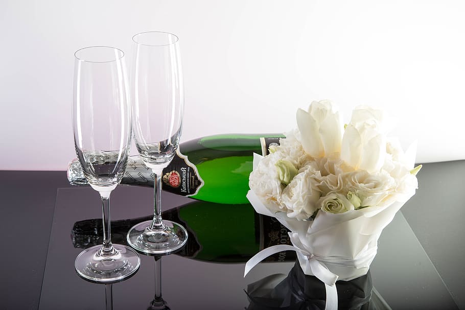 buquê, champanhe, amor, celebração, flores, vidro, romance, casamento, álcool, para se casar