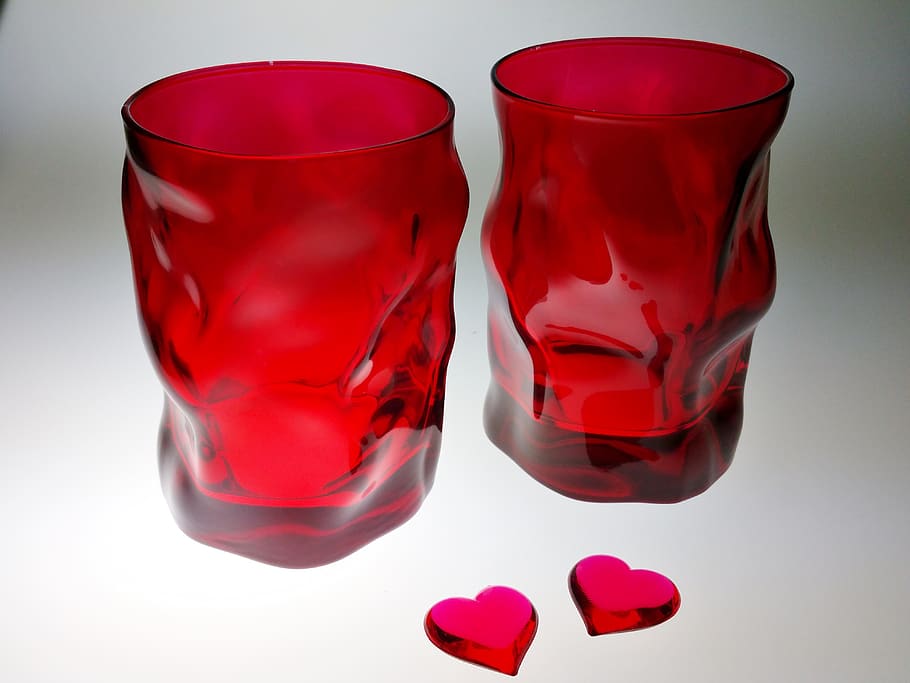 vidrio, bebida, agua, sed, corazón, unión, romance, día de san valentín, fondo, Rojo