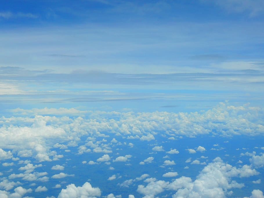 white, blue, sky, daytime, Clouds, Sky, Blue, Airplane, View, environment, cloudscape