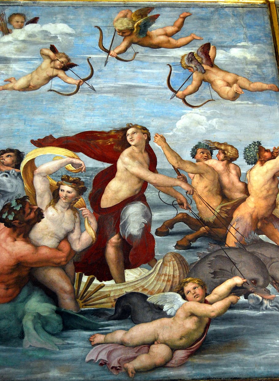 raffaello sanzio, fresco, the triumph of galatea, villa farnesina, rome, painting, art, group of people, art and craft, human representation