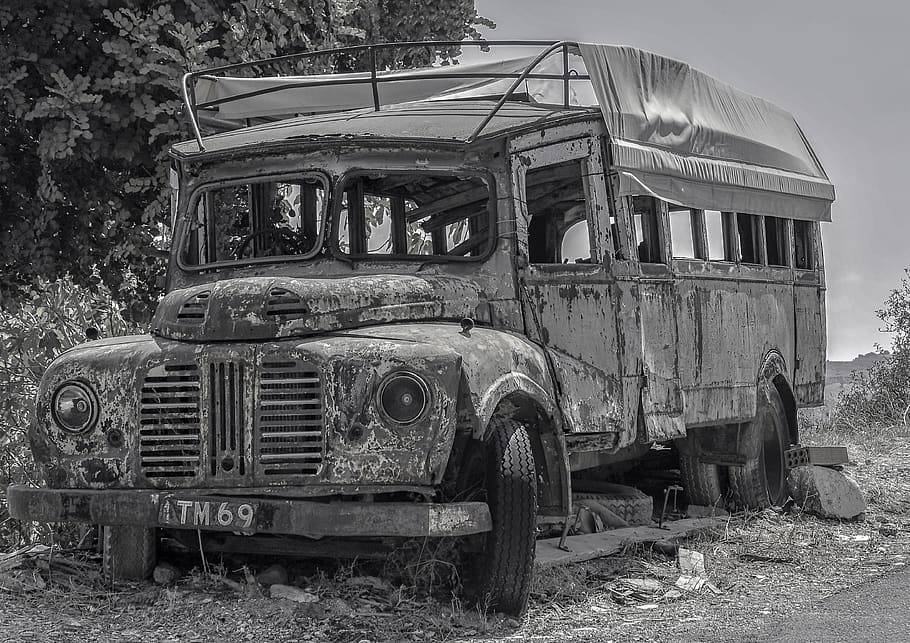 bus, wrecked, automobile, vehicle, transportation, rust, broken, jalopy, cyprus, village