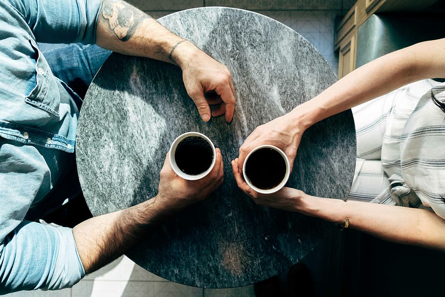people, couple, man, woman, black, coffee, espresso, table, dating, two people