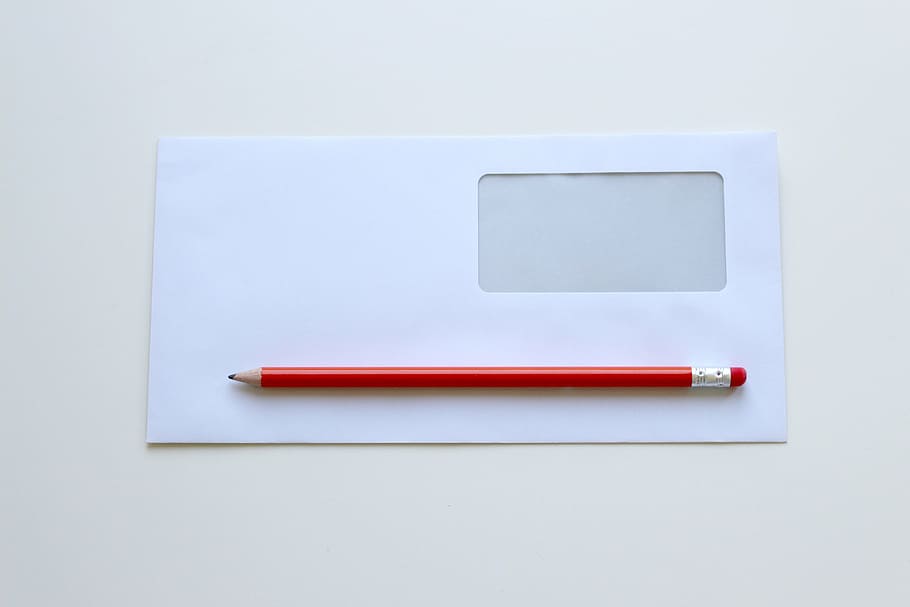 red, pencil, white, window envelope, envelope, office, office desk, pencils, desk, table