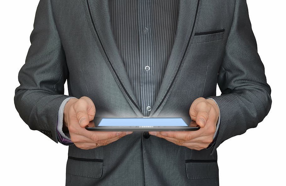 person, holding, black, tablet, man, businessman, tablet computer, online business, glowing tablet pc, work online