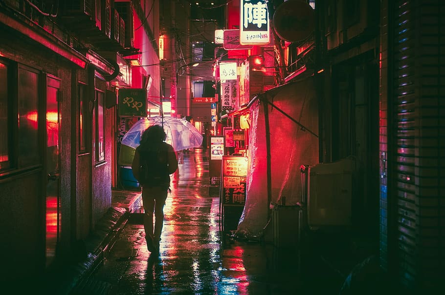 woman, walking, street, umbrella, japan, osaka, night, asia, landmark, travel