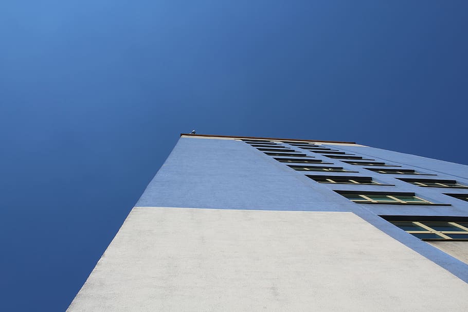 wall, building, office building, intervention, blue, architecture, sky, clear sky, building exterior, built structure