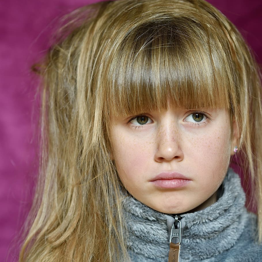 child, girl, face, long hair, view, expression, pout, blond Hair, people, one Person