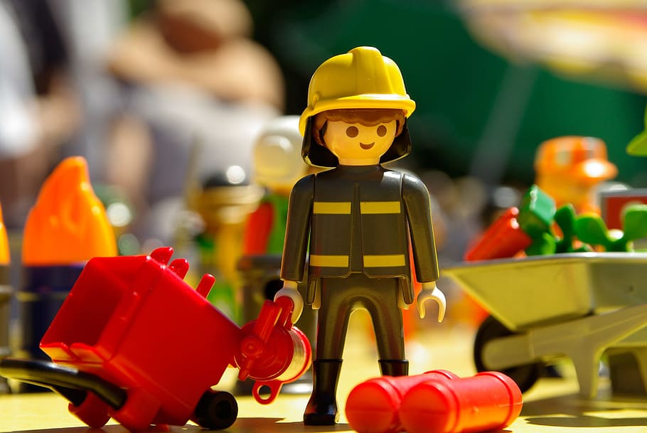 closeup, children, male, plastic toy, playmobil, toy, firefighter, figurine, childhood, representation