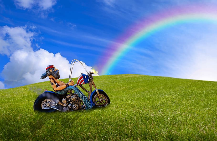 hombre, equitación, motocicleta de crucero, papel tapiz de campo de hierba, motociclista, motocicleta, motociclismo, carretera, figura, alegría de vivir