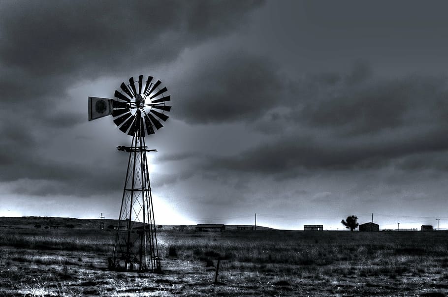 kincir angin pada siang hari, lanskap hitam dan putih, kincir angin, negara, awan-langit, energi alternatif, tenaga angin, turbin angin, bahan bakar dan pembangkit listrik, konservasi lingkungan