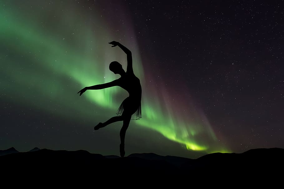 silhouette photography, ballet dancer, northern, lights, silhouette, ballerina, northern lights, dance, night, sky