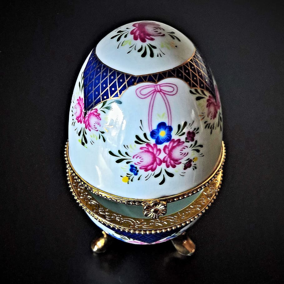 white, pink, blue, floral, egg trinket, egg, porcelain box, faberge egg, imitation, container