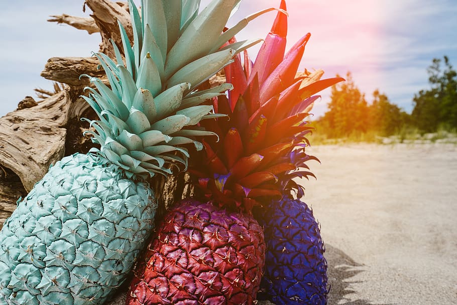 pineapple, dessert, appetizer, fruit, juice, crop, paint, red, blue, green
