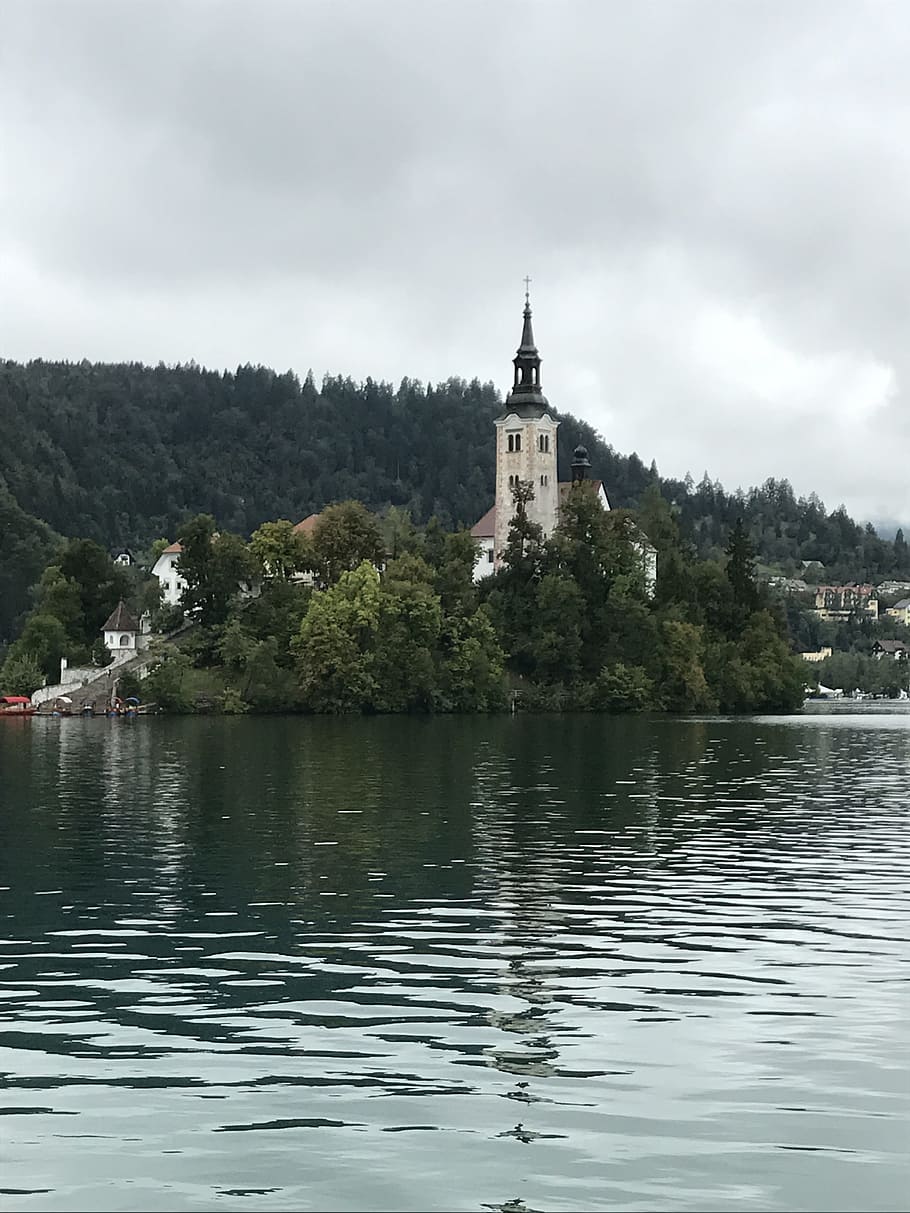 island, castle, bled, slovenia, lake, water, architecture, built structure, tree, sky