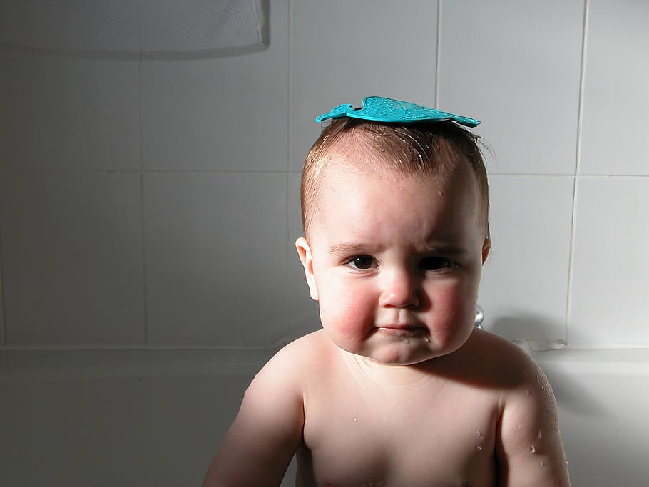 baby in tub, Bath, Cute, baby, sadness, shirtless, displeased, childhood, indoors, child