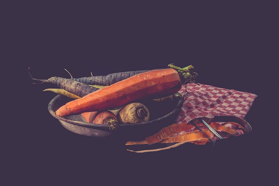 tres, zanahorias, gris, placa, verduras, naturaleza muerta, vintage, antiguo, color, foto