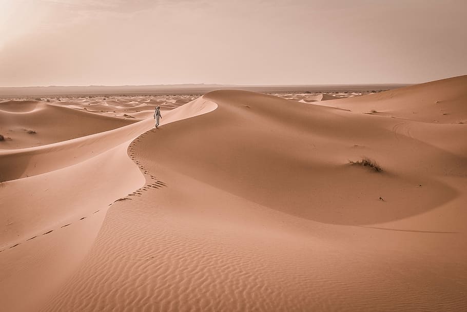 person, walking, sand dune, brown, sand, dunes, cloudy, sky, nature, landscape
