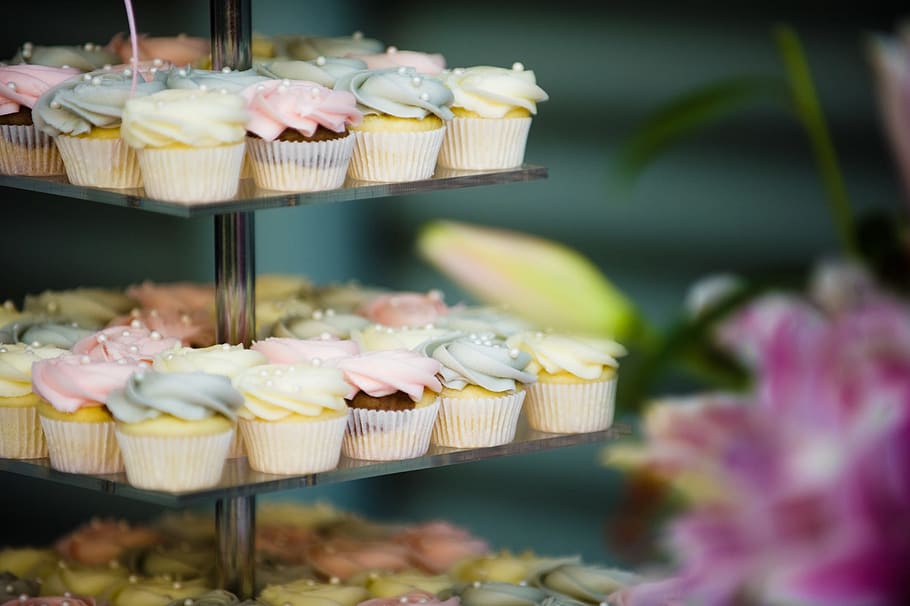 selective, focus photo, assorted, cupcakes, glass, rack, cake, cupcake, party, wedding cake