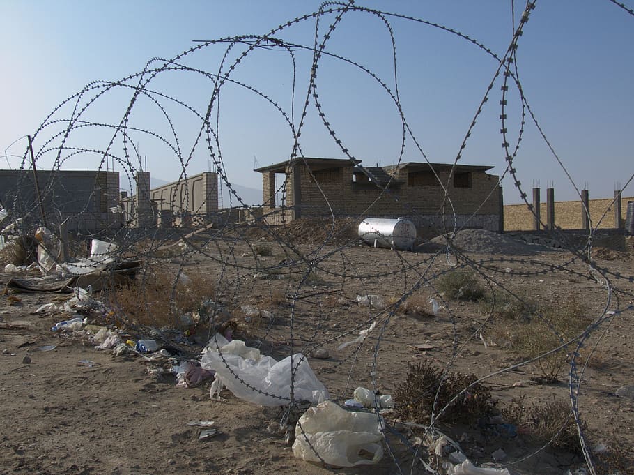 afghanistan, desert, military, camp, landscape, war, use, fence, boundary, barbed wire
