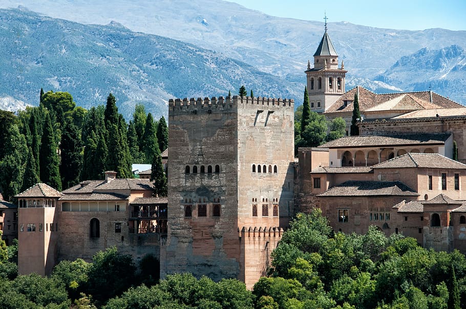 brown, concrete, castle, surrounded, trees, grenade, alhambra, andalusia, spain, palace