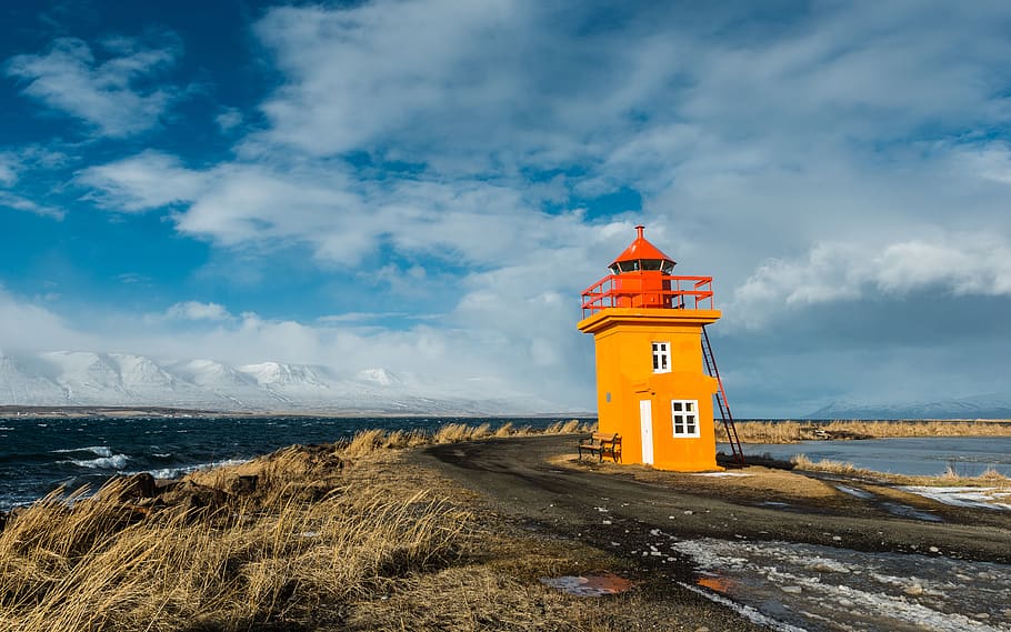 Islandia, faro, costa, paisaje, nubes, viento, invierno, cielo, agua, mar