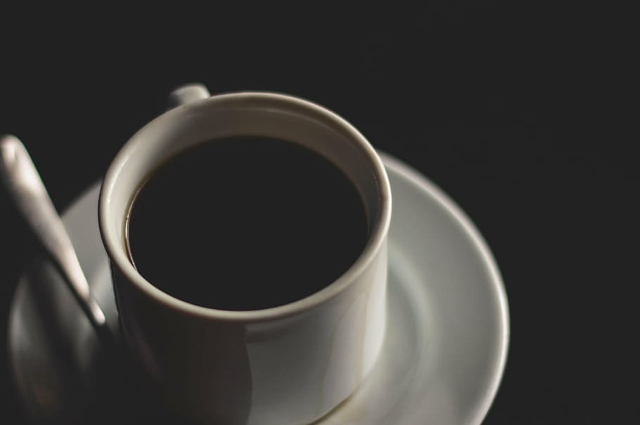 filled, coffee mug, saucer, close, white, ceramic, mug, black, coffee, americano