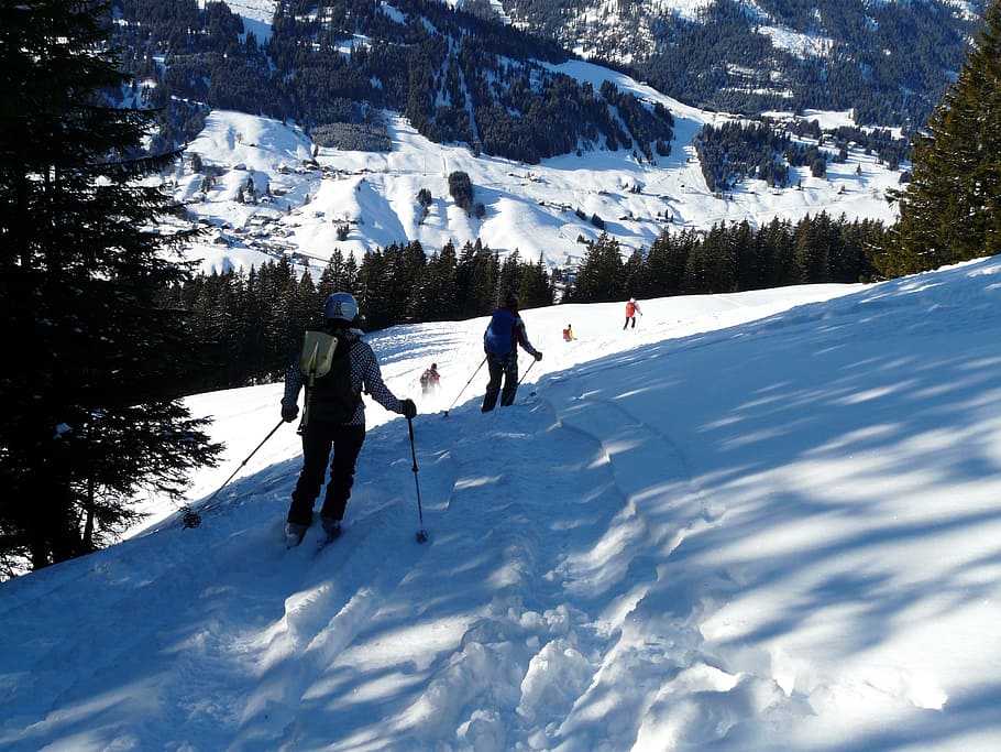スキー, スキーヤー, 出発, 深い雪, 滑走路, 冬, 寒い, 雪, スポーツ, 山