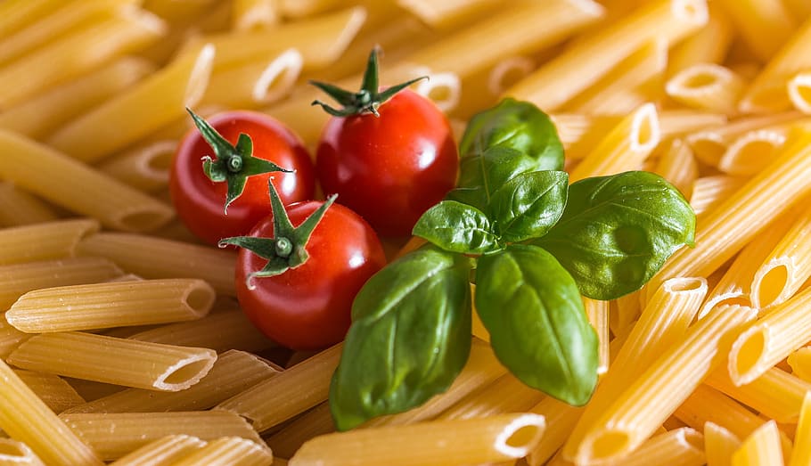 three, red, tomatoes, raw, pasta, noodles, penne, dine, eat, food