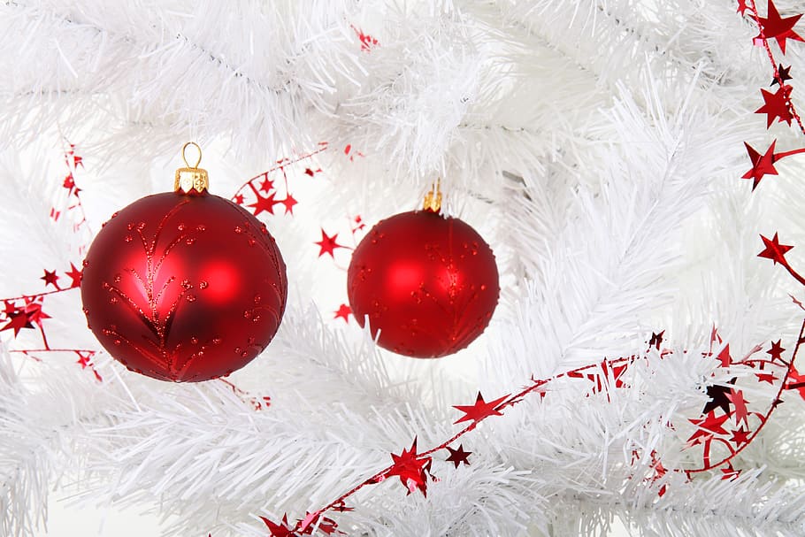 two, red, baubles, white, christmas tree, ball, bauble, branch, celebration, christmas
