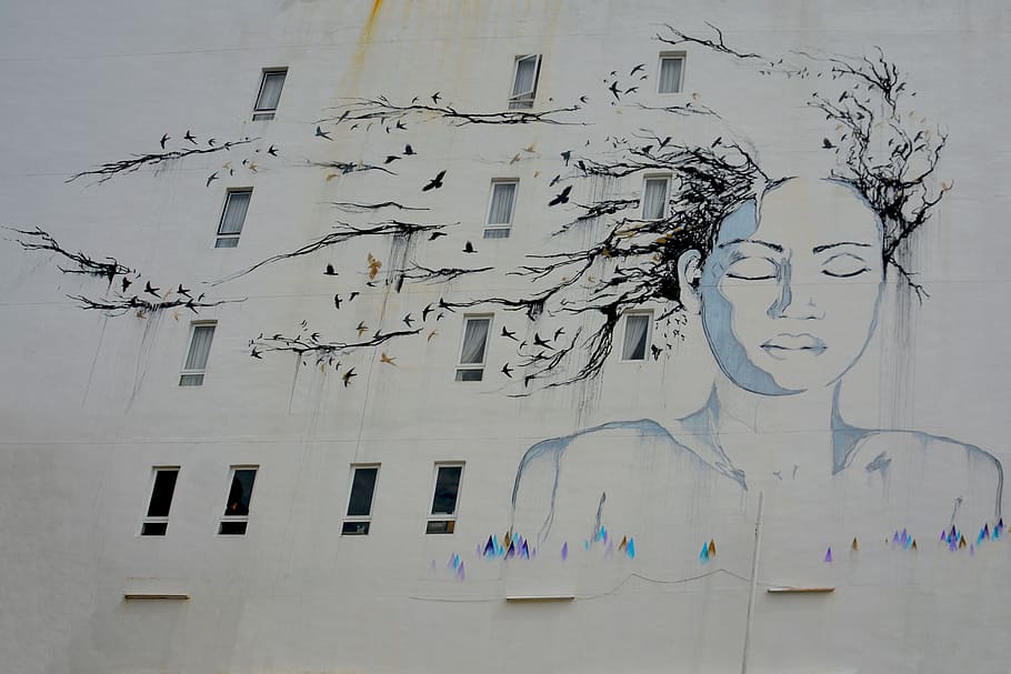 woman, portrait, painted, white, high-rise, building, painted on, high-rise building, street art, graffiti